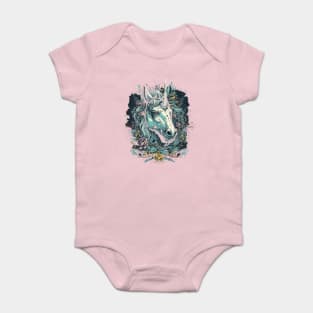 Unicorn surrounded by flowers and confetti Baby Bodysuit